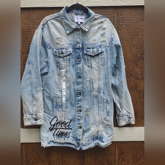 Fashion Nova All That Talk Denim Distressed Oversized Denim Jean Jacket Large - Picture 3 of 5